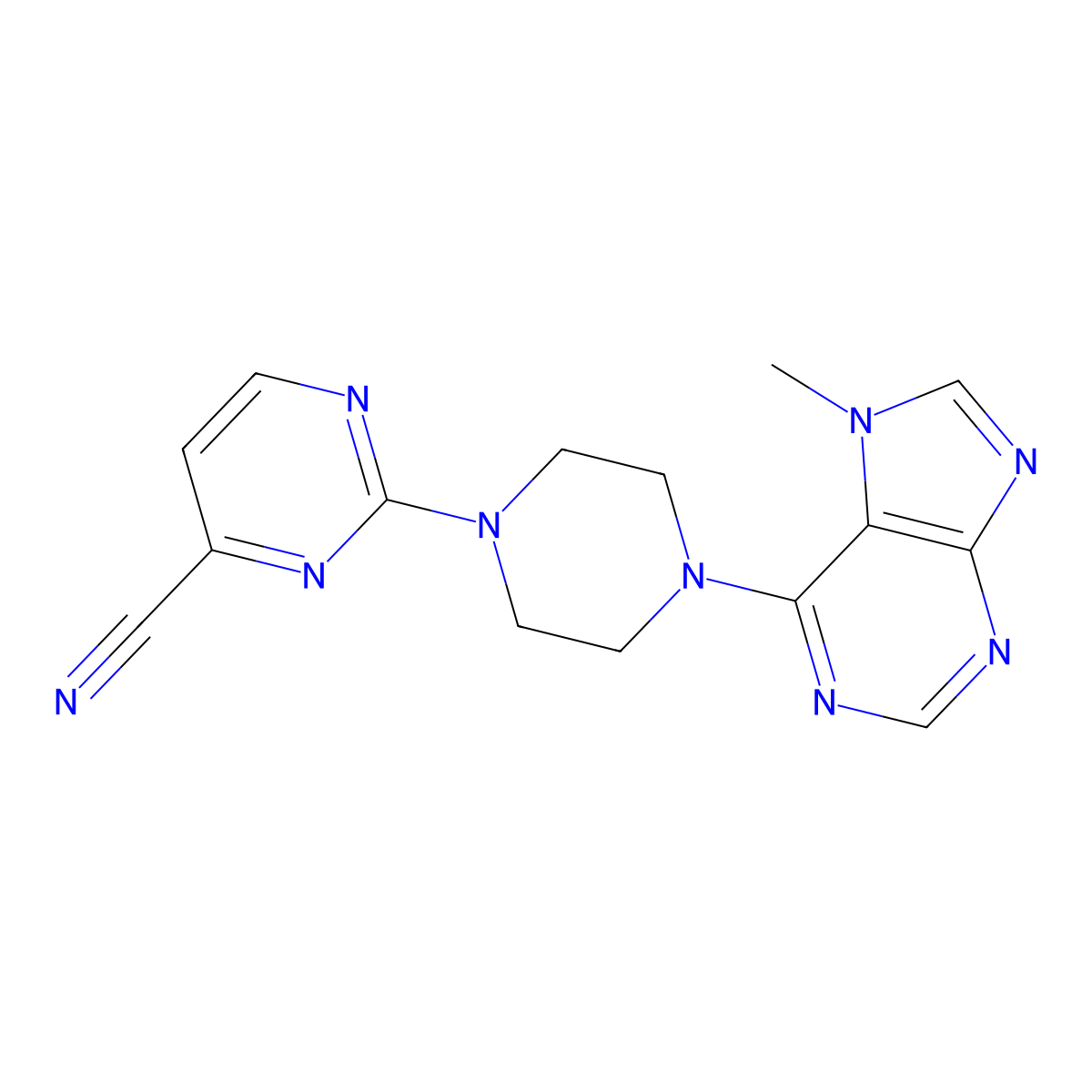 2-[4-(7-methyl-7H-purin-6-yl)piperazin-1-yl]pyrimidine-4-carbonitrile molecular structure, CAS 2549020-16-6