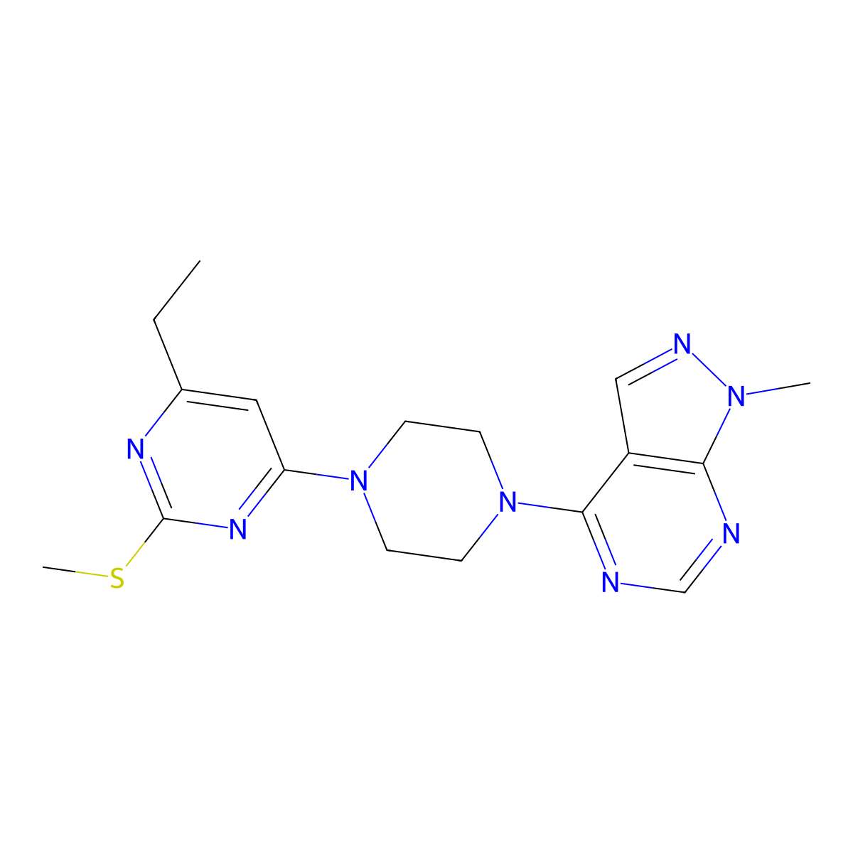 4-ethyl-6-(4-{1-methyl-1H-pyrazolo[3,4-d]pyrimidin-4-yl}piperazin-1-yl)-2-(methylsulfanyl)pyrimidine molecular structure, CAS 2549020-20-2