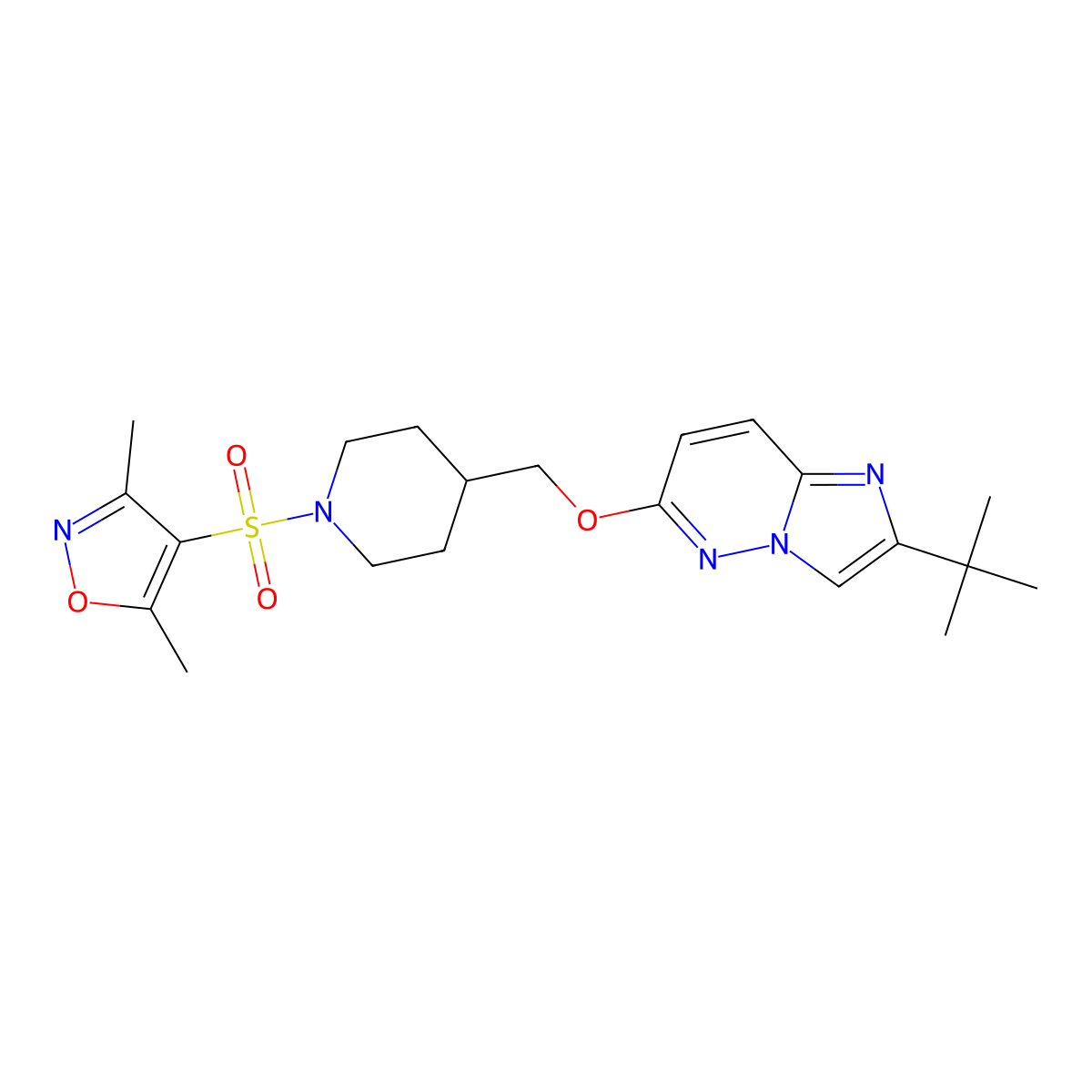 4-[({2-Tert-butylimidazo[1,2-b]pyridazin-6-yl}oxy)methyl]-1-[(3,5-dimethyl-1,2-oxazol-4-yl)sulfonyl]piperidine molecular structure, CAS 2549020-22-4
