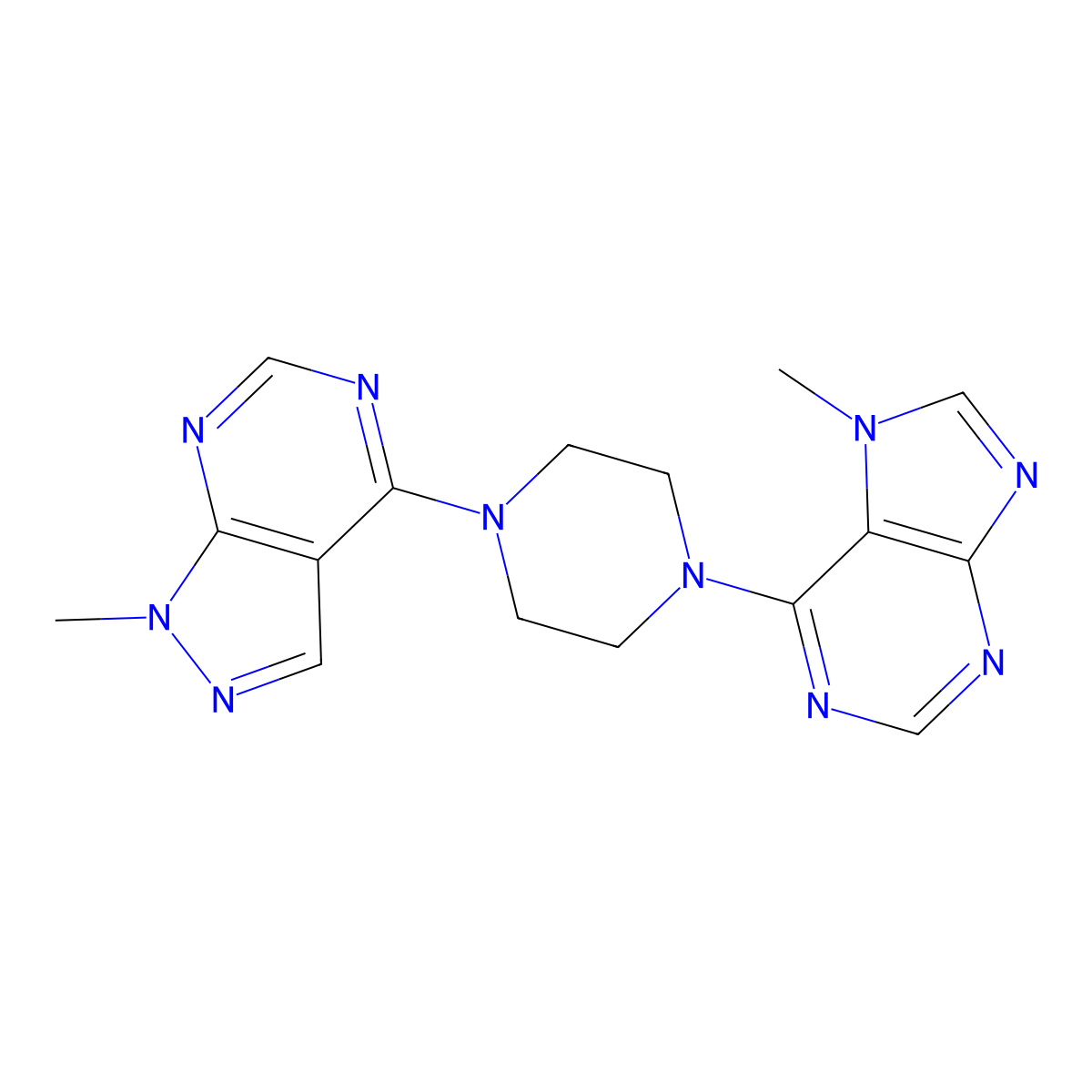 7-methyl-6-(4-{1-methyl-1H-pyrazolo[3,4-d]pyrimidin-4-yl}piperazin-1-yl)-7H-purine molecular structure, CAS 2549020-30-4