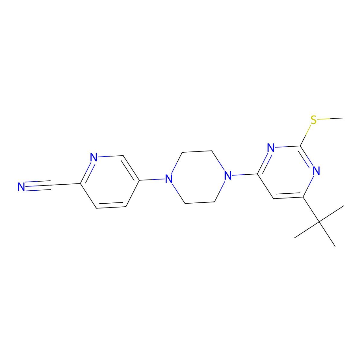 5-{4-[6-Tert-butyl-2-(methylsulfanyl)pyrimidin-4-yl]piperazin-1-yl}pyridine-2-carbonitrile molecular structure, CAS 2549020-50-8