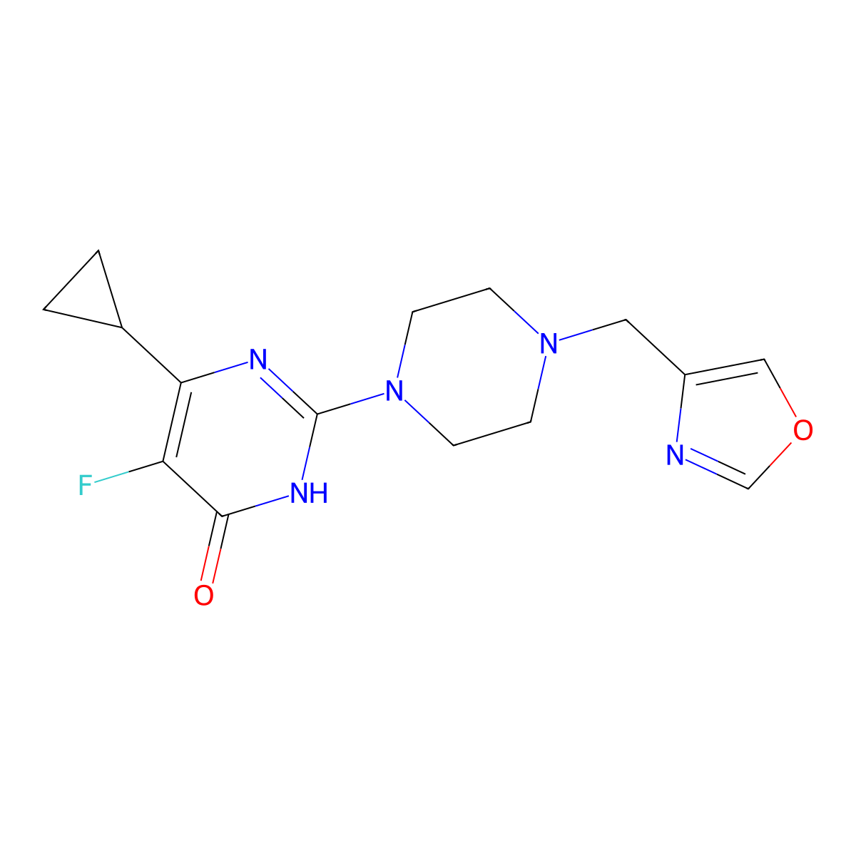 6-Cyclopropyl-5-fluoro-2-{4-[(1,3-oxazol-4-yl)methyl]piperazin-1-yl}-3,4-dihydropyrimidin-4-one molecular structure, CAS 2549020-55-3