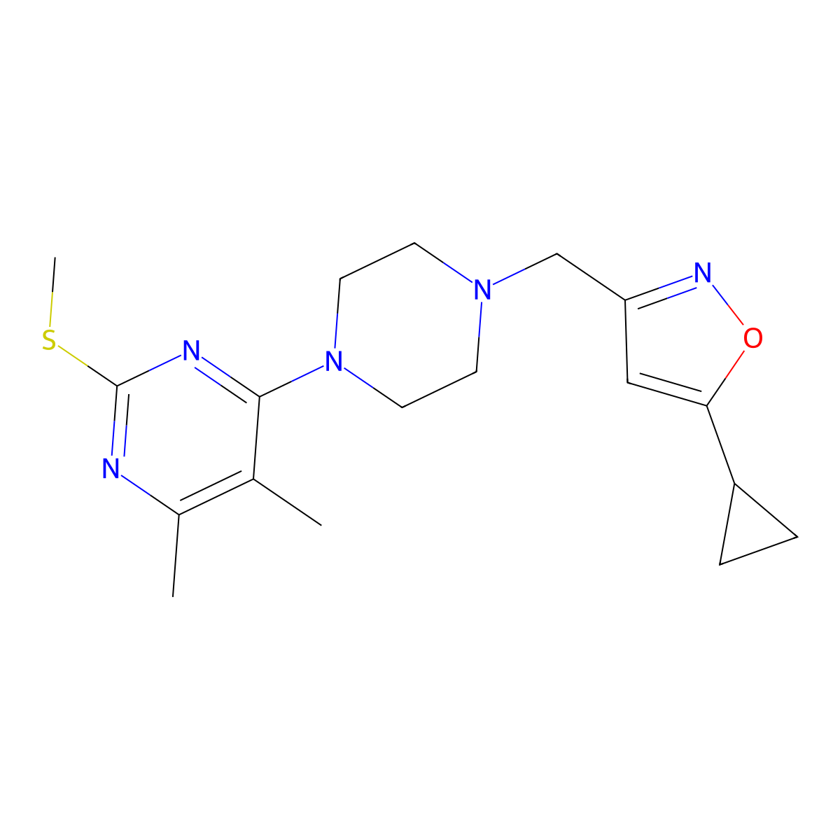 4-{4-[(5-Cyclopropyl-1,2-oxazol-3-yl)methyl]piperazin-1-yl}-5,6-dimethyl-2-(methylsulfanyl)pyrimidine molecular structure, CAS 2549020-62-2