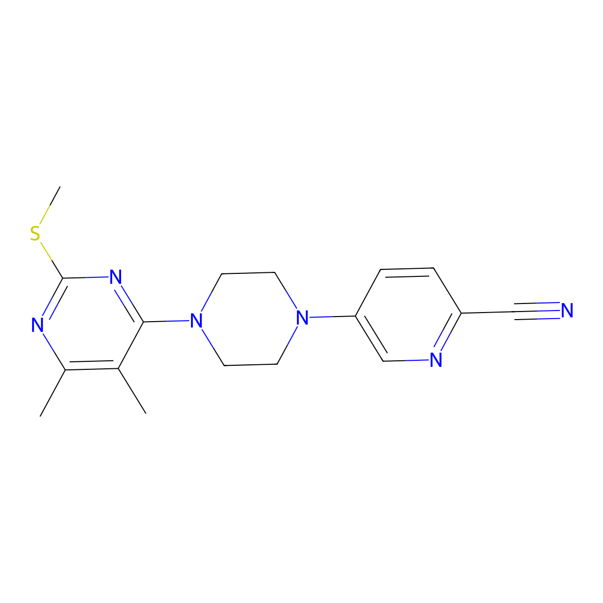 5-{4-[5,6-Dimethyl-2-(methylsulfanyl)pyrimidin-4-yl]piperazin-1-yl}pyridine-2-carbonitrile molecular structure, CAS 2549020-77-9