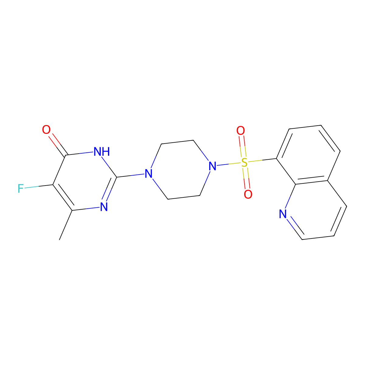 5-Fluoro-6-methyl-2-[4-(quinoline-8-sulfonyl)piperazin-1-yl]-3,4-dihydropyrimidin-4-one molecular structure, CAS 2549020-91-7