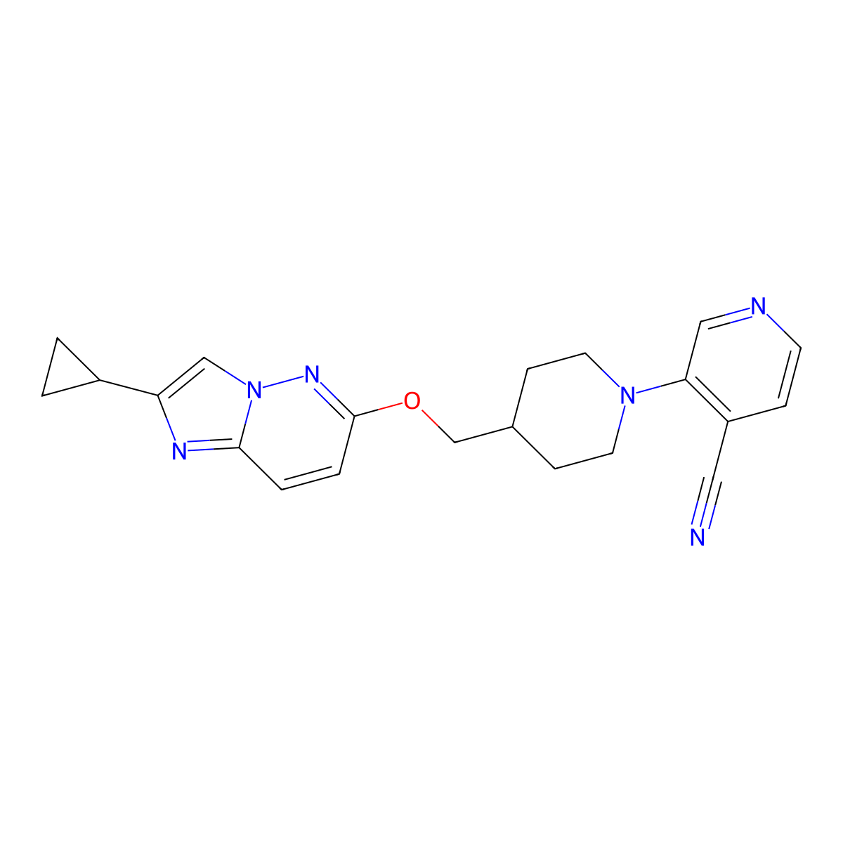 3-{4-[({2-Cyclopropylimidazo[1,2-b]pyridazin-6-yl}oxy)methyl]piperidin-1-yl}pyridine-4-carbonitrile molecular structure, CAS 2549021-03-4