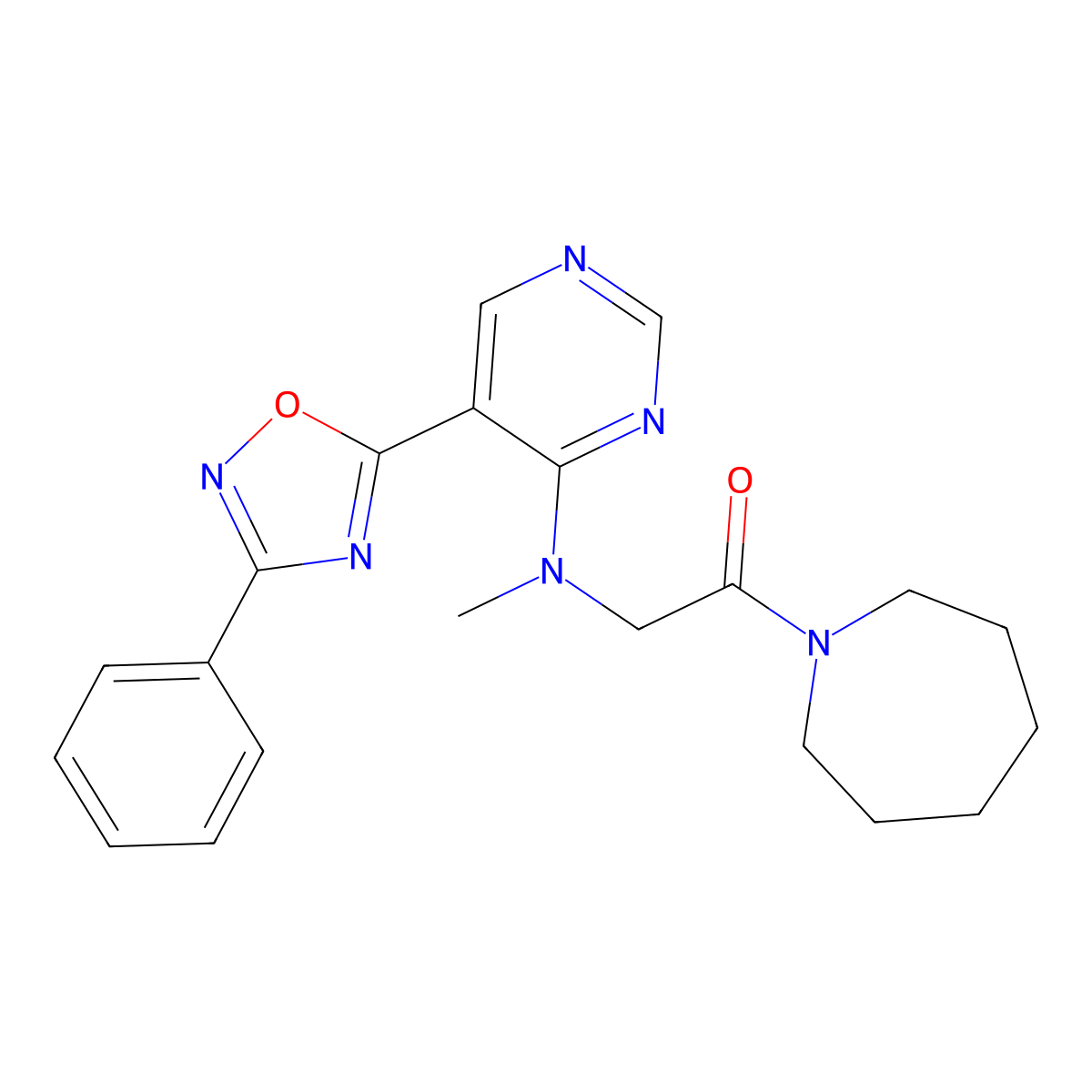 1-(Azepan-1-yl)-2-{methyl[5-(3-phenyl-1,2,4-oxadiazol-5-yl)pyrimidin-4-yl]amino}ethan-1-one molecular structure, CAS 2549021-05-6