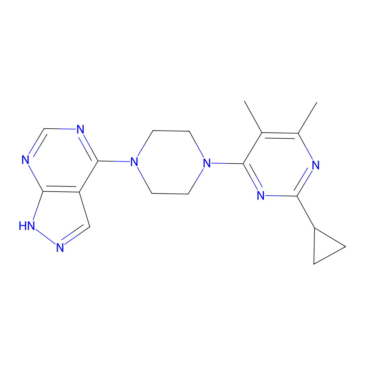 2-cyclopropyl-4,5-dimethyl-6-(4-{1H-pyrazolo[3,4-d]pyrimidin-4-yl}piperazin-1-yl)pyrimidine molecular structure, CAS 2549021-08-9