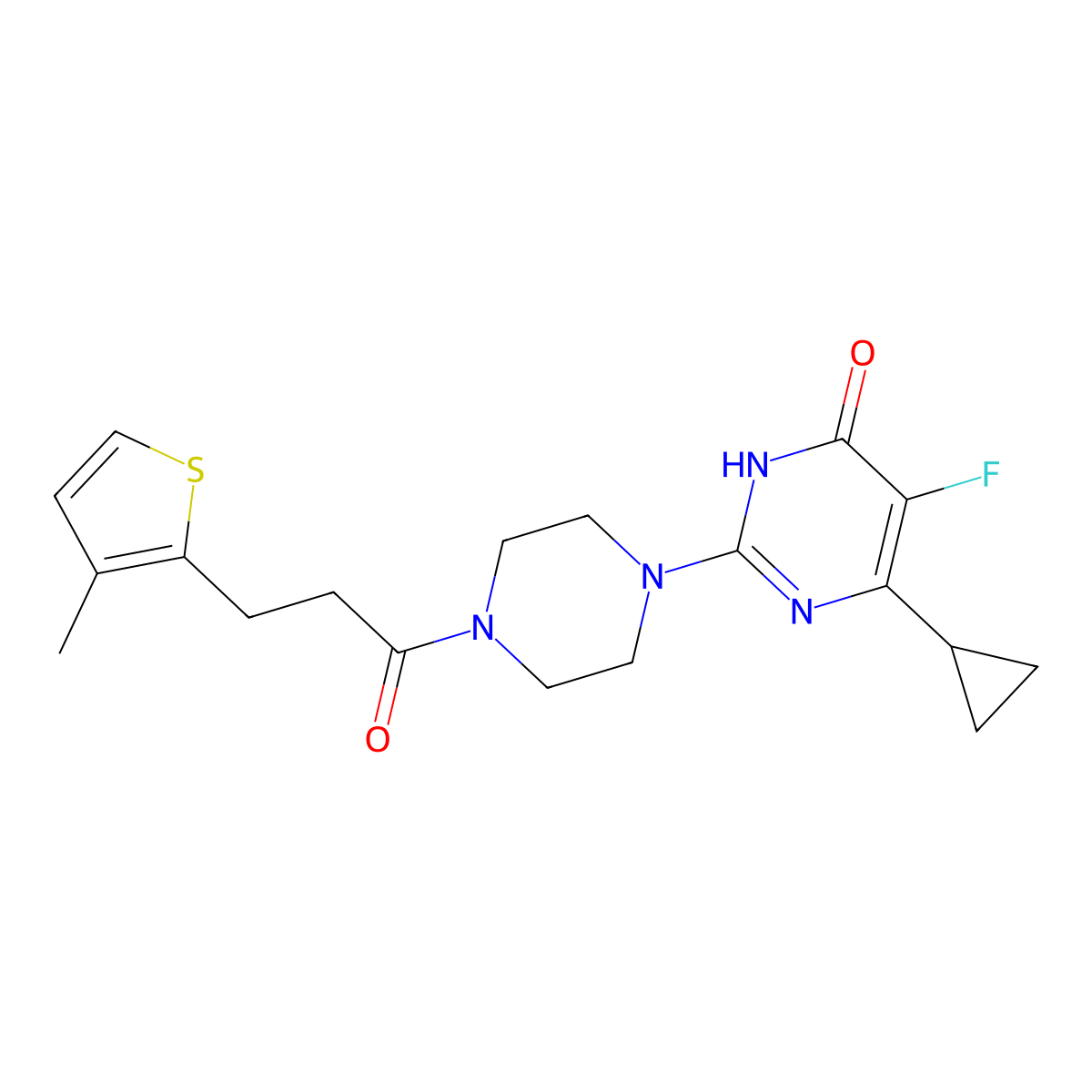 6-Cyclopropyl-5-fluoro-2-{4-[3-(3-methylthiophen-2-yl)propanoyl]piperazin-1-yl}-3,4-dihydropyrimidin-4-one molecular structure, CAS 2549021-10-3