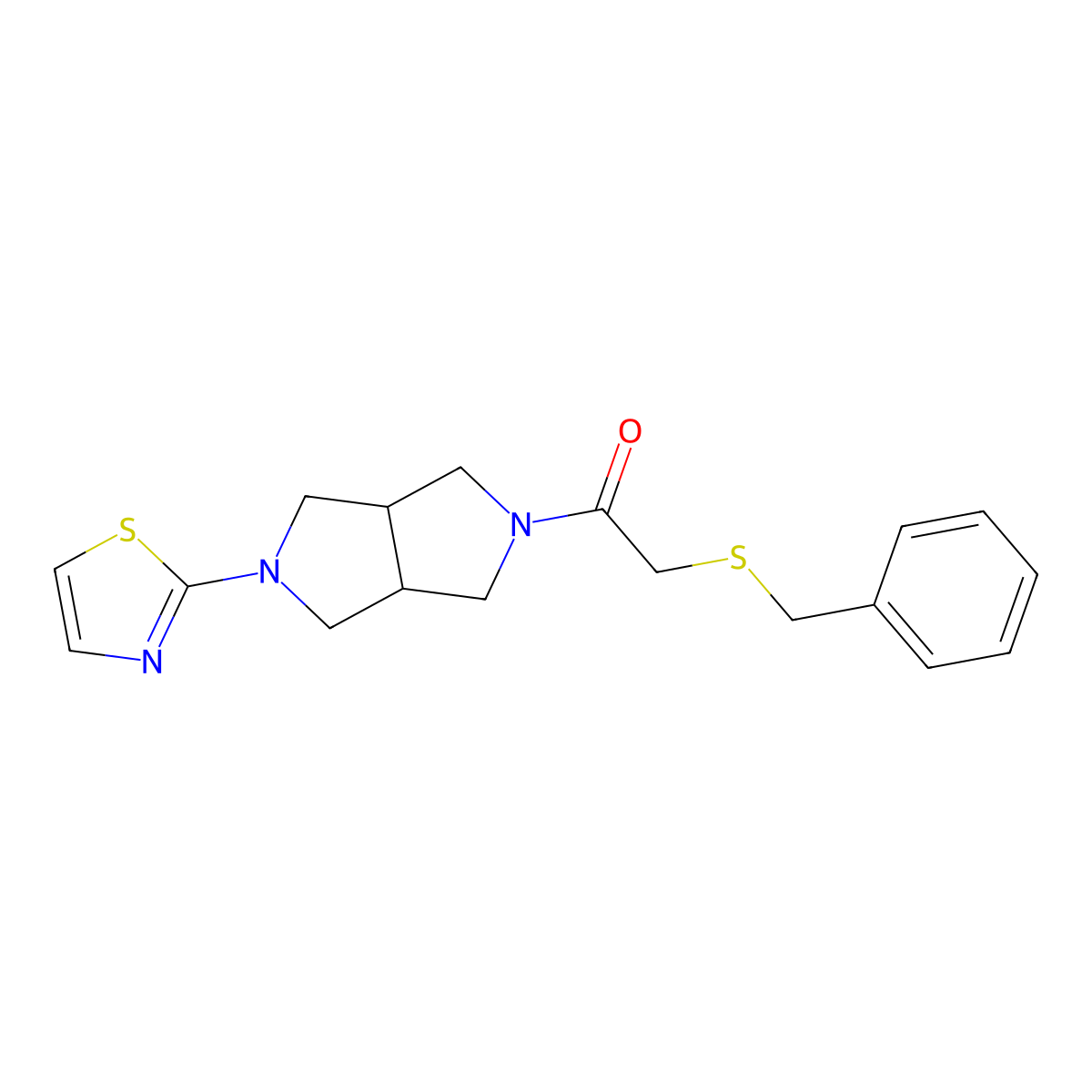 2-(Benzylsulfanyl)-1-[5-(1,3-thiazol-2-yl)-octahydropyrrolo[3,4-c]pyrrol-2-yl]ethan-1-one molecular structure, CAS 2549021-12-5