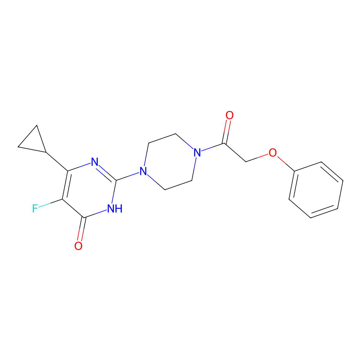 6-Cyclopropyl-5-fluoro-2-[4-(2-phenoxyacetyl)piperazin-1-yl]-3,4-dihydropyrimidin-4-one molecular structure, CAS 2549021-15-8