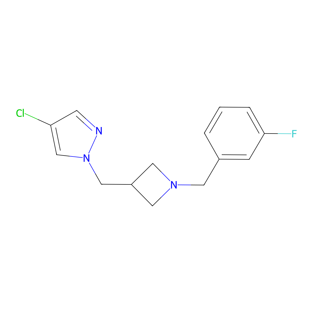 4-chloro-1-({1-[(3-fluorophenyl)methyl]azetidin-3-yl}methyl)-1H-pyrazole molecular structure, CAS 2549021-24-9