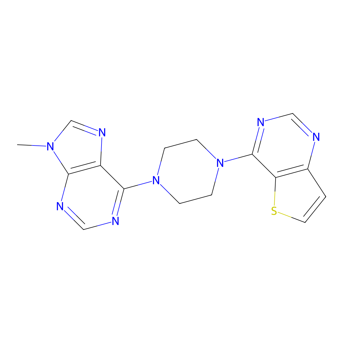 9-methyl-6-(4-{thieno[3,2-d]pyrimidin-4-yl}piperazin-1-yl)-9H-purine molecular structure, CAS 2549021-35-2