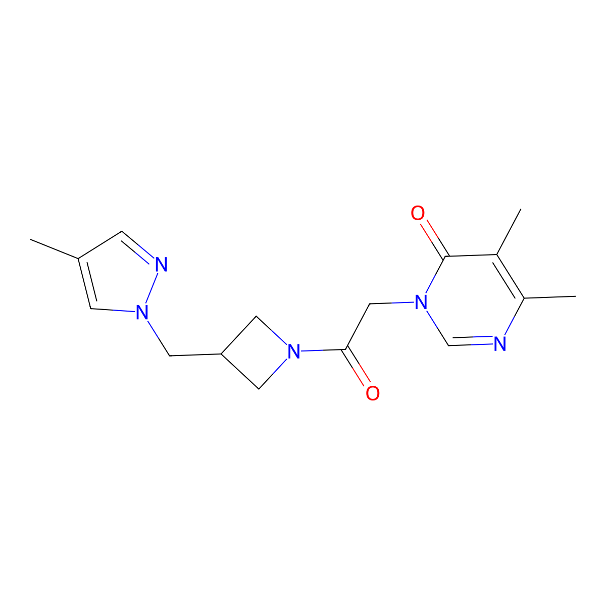 5,6-dimethyl-3-(2-{3-[(4-methyl-1H-pyrazol-1-yl)methyl]azetidin-1-yl}-2-oxoethyl)-3,4-dihydropyrimidin-4-one molecular structure, CAS 2549021-36-3