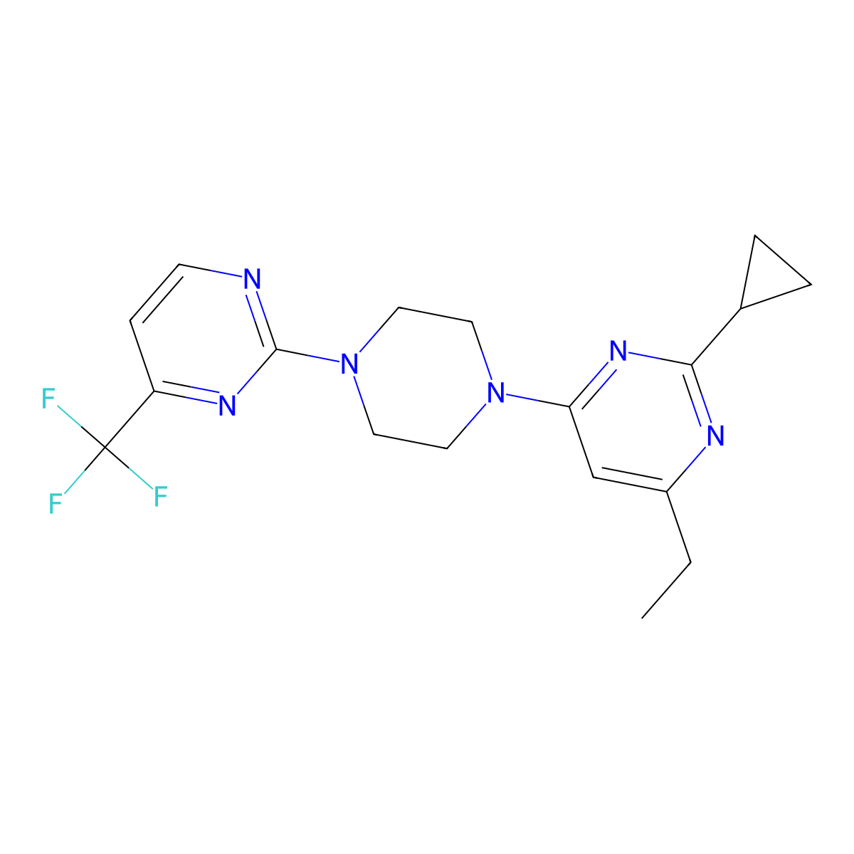 2-Cyclopropyl-4-ethyl-6-{4-[4-(trifluoromethyl)pyrimidin-2-yl]piperazin-1-yl}pyrimidine molecular structure, CAS 2549021-40-9