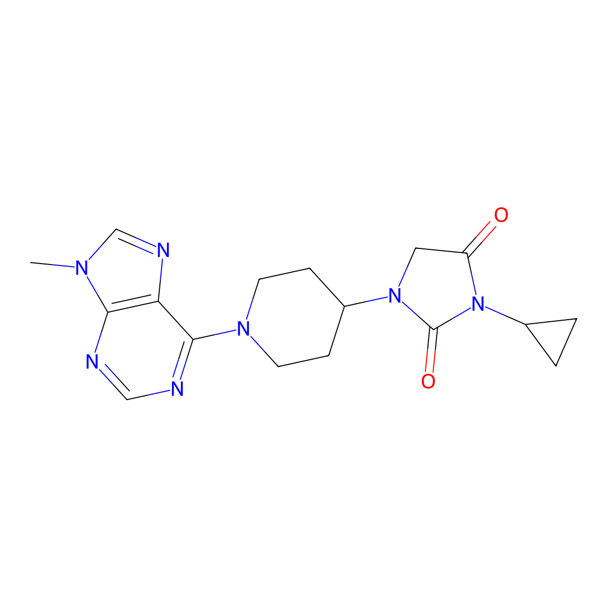 3-cyclopropyl-1-[1-(9-methyl-9H-purin-6-yl)piperidin-4-yl]imidazolidine-2,4-dione molecular structure, CAS 2549021-46-5