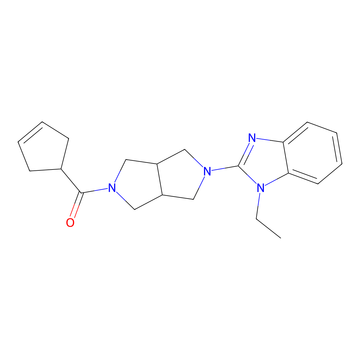 2-[5-(cyclopent-3-ene-1-carbonyl)-octahydropyrrolo[3,4-c]pyrrol-2-yl]-1-ethyl-1H-1,3-benzodiazole molecular structure, CAS 2549021-50-1