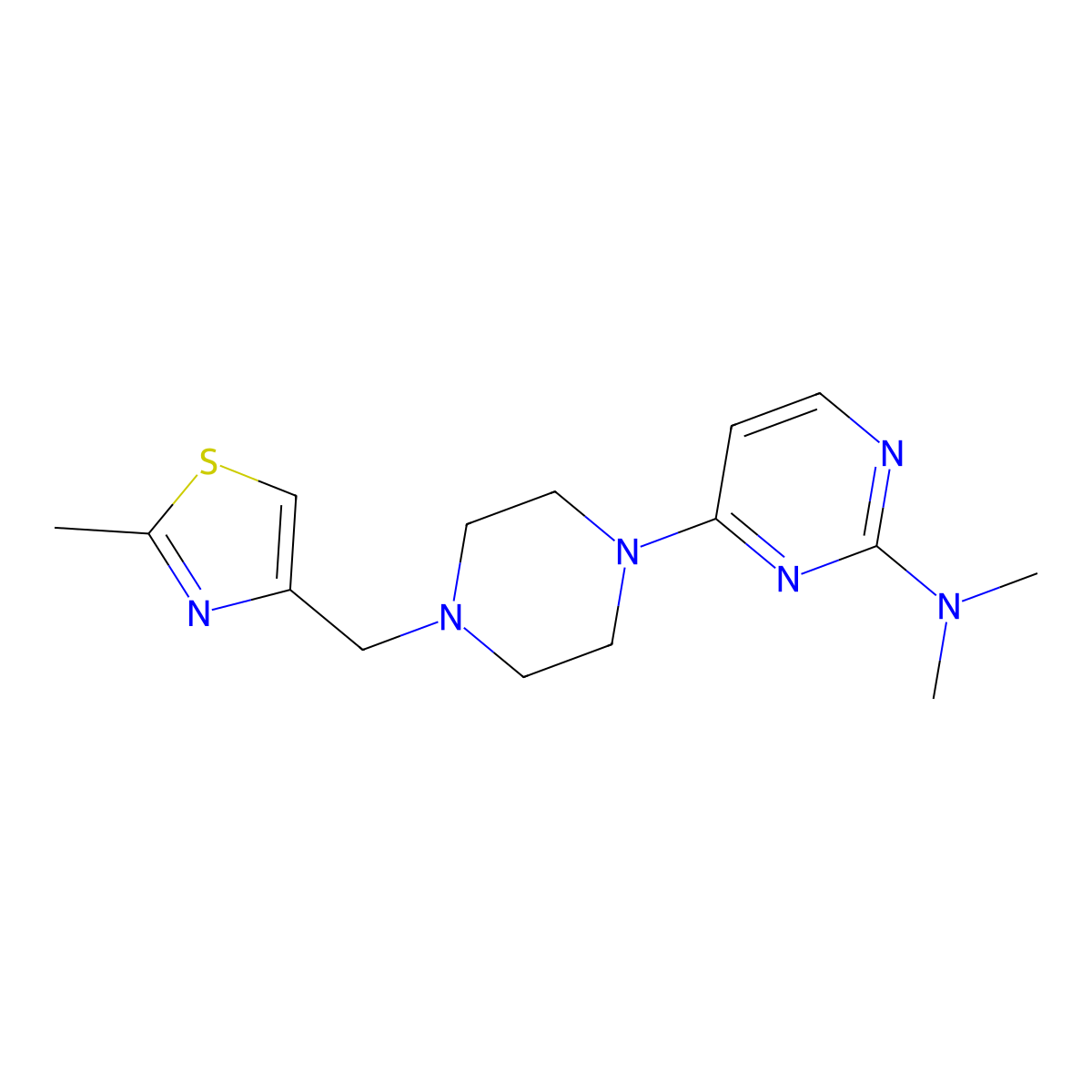 N,N-dimethyl-4-{4-[(2-methyl-1,3-thiazol-4-yl)methyl]piperazin-1-yl}pyrimidin-2-amine molecular structure, CAS 2549021-56-7