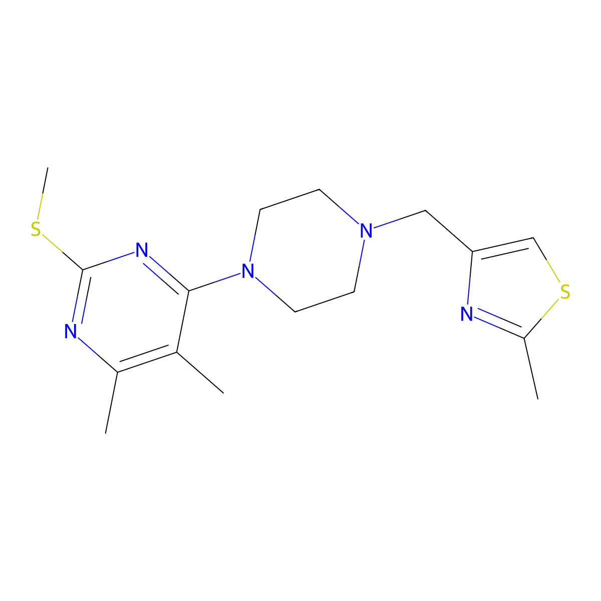 4,5-Dimethyl-6-{4-[(2-methyl-1,3-thiazol-4-yl)methyl]piperazin-1-yl}-2-(methylsulfanyl)pyrimidine molecular structure, CAS 2549021-57-8