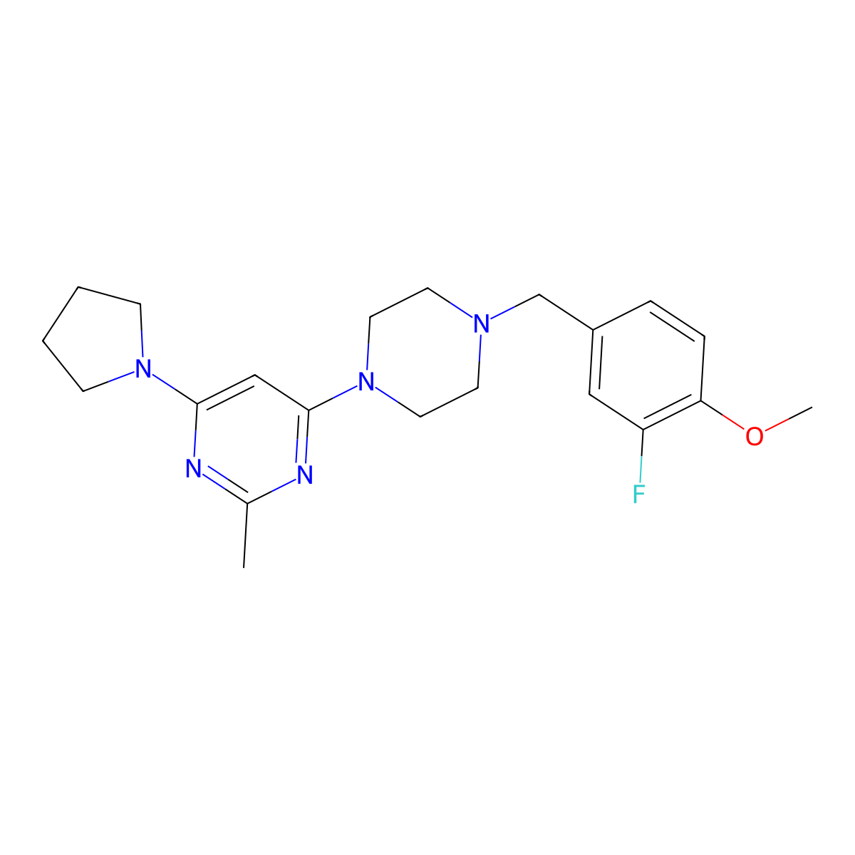 4-{4-[(3-Fluoro-4-methoxyphenyl)methyl]piperazin-1-yl}-2-methyl-6-(pyrrolidin-1-yl)pyrimidine molecular structure, CAS 2549021-58-9