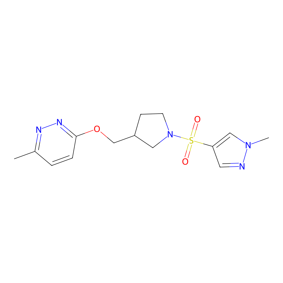 3-methyl-6-({1-[(1-methyl-1H-pyrazol-4-yl)sulfonyl]pyrrolidin-3-yl}methoxy)pyridazine molecular structure, CAS 2549021-59-0