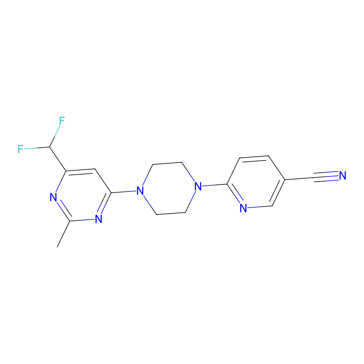 6-{4-[6-(Difluoromethyl)-2-methylpyrimidin-4-yl]piperazin-1-yl}pyridine-3-carbonitrile molecular structure, CAS 2549021-60-3