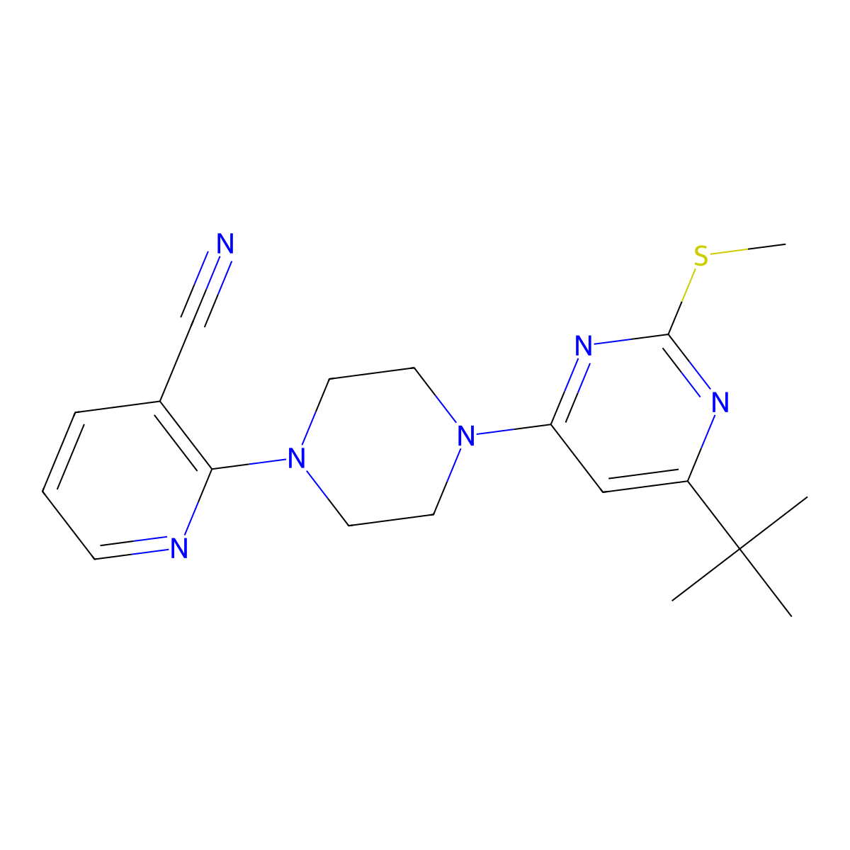 2-{4-[6-Tert-butyl-2-(methylsulfanyl)pyrimidin-4-yl]piperazin-1-yl}pyridine-3-carbonitrile molecular structure, CAS 2549021-61-4