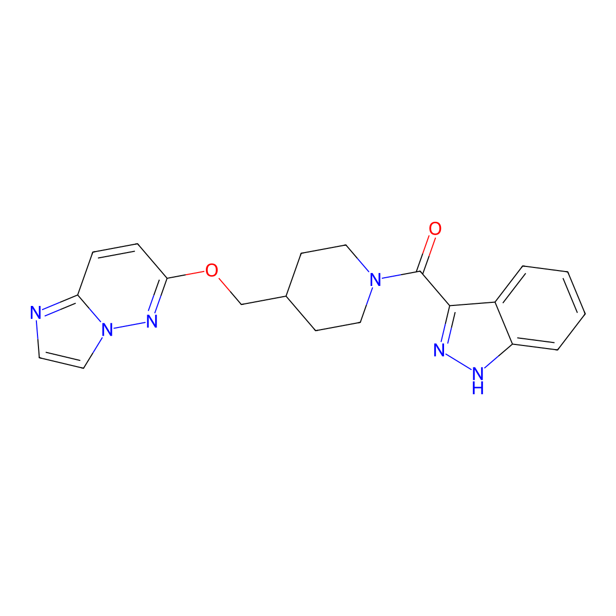 3-[4-({imidazo[1,2-b]pyridazin-6-yloxy}methyl)piperidine-1-carbonyl]-1H-indazole molecular structure, CAS 2549021-66-9