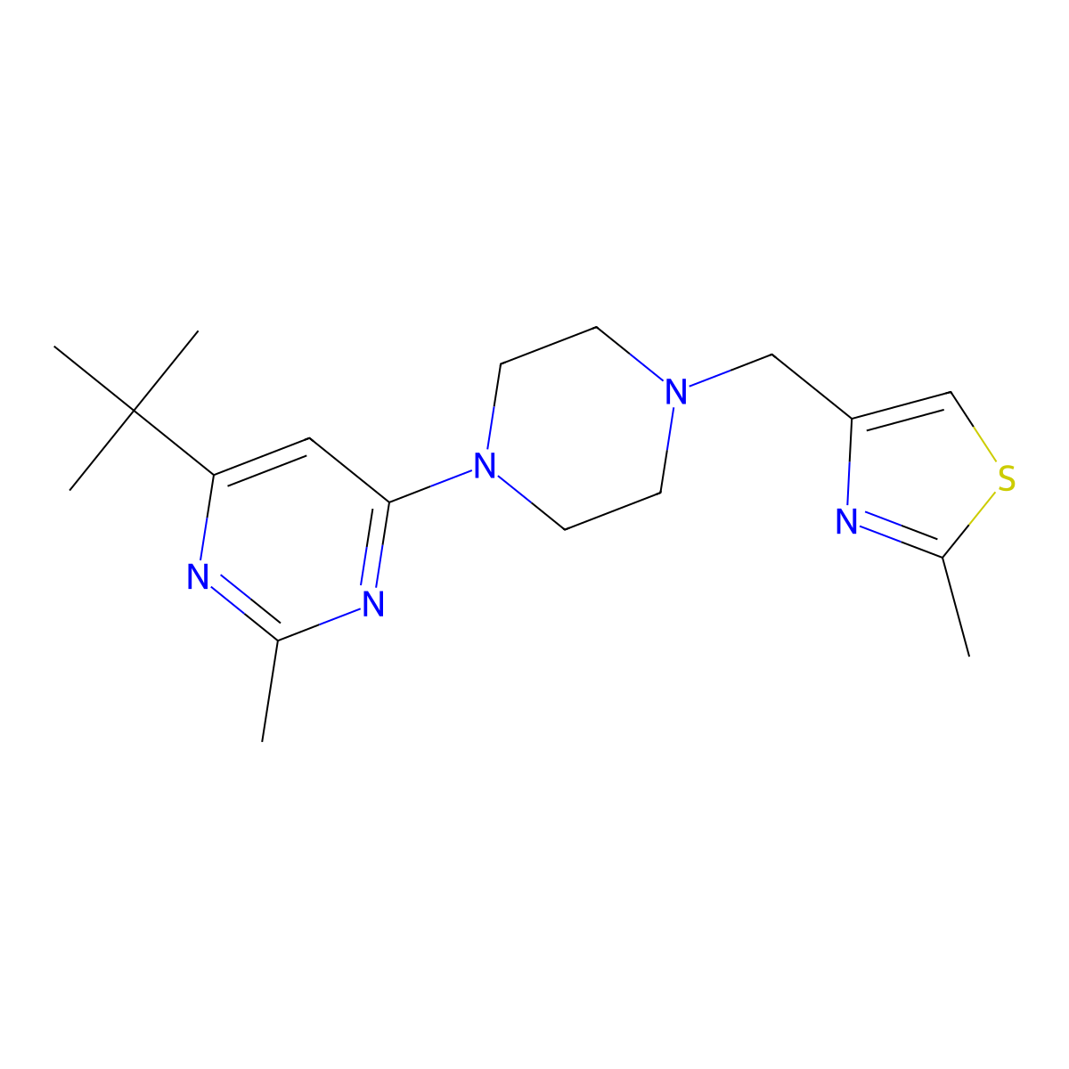 4-Tert-butyl-2-methyl-6-{4-[(2-methyl-1,3-thiazol-4-yl)methyl]piperazin-1-yl}pyrimidine molecular structure, CAS 2549021-79-4
