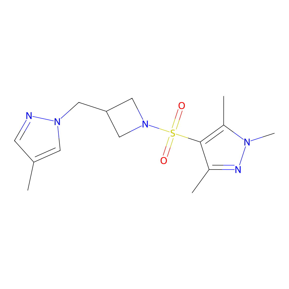 1,3,5-trimethyl-4-({3-[(4-methyl-1H-pyrazol-1-yl)methyl]azetidin-1-yl}sulfonyl)-1H-pyrazole molecular structure, CAS 2549021-87-4