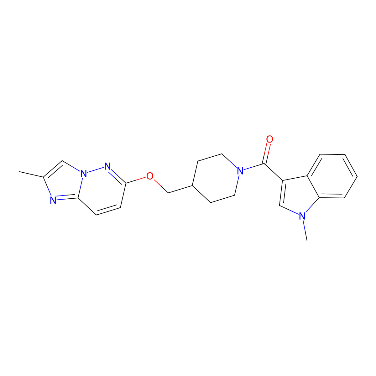1-methyl-3-{4-[({2-methylimidazo[1,2-b]pyridazin-6-yl}oxy)methyl]piperidine-1-carbonyl}-1H-indole molecular structure, CAS 2549021-90-9