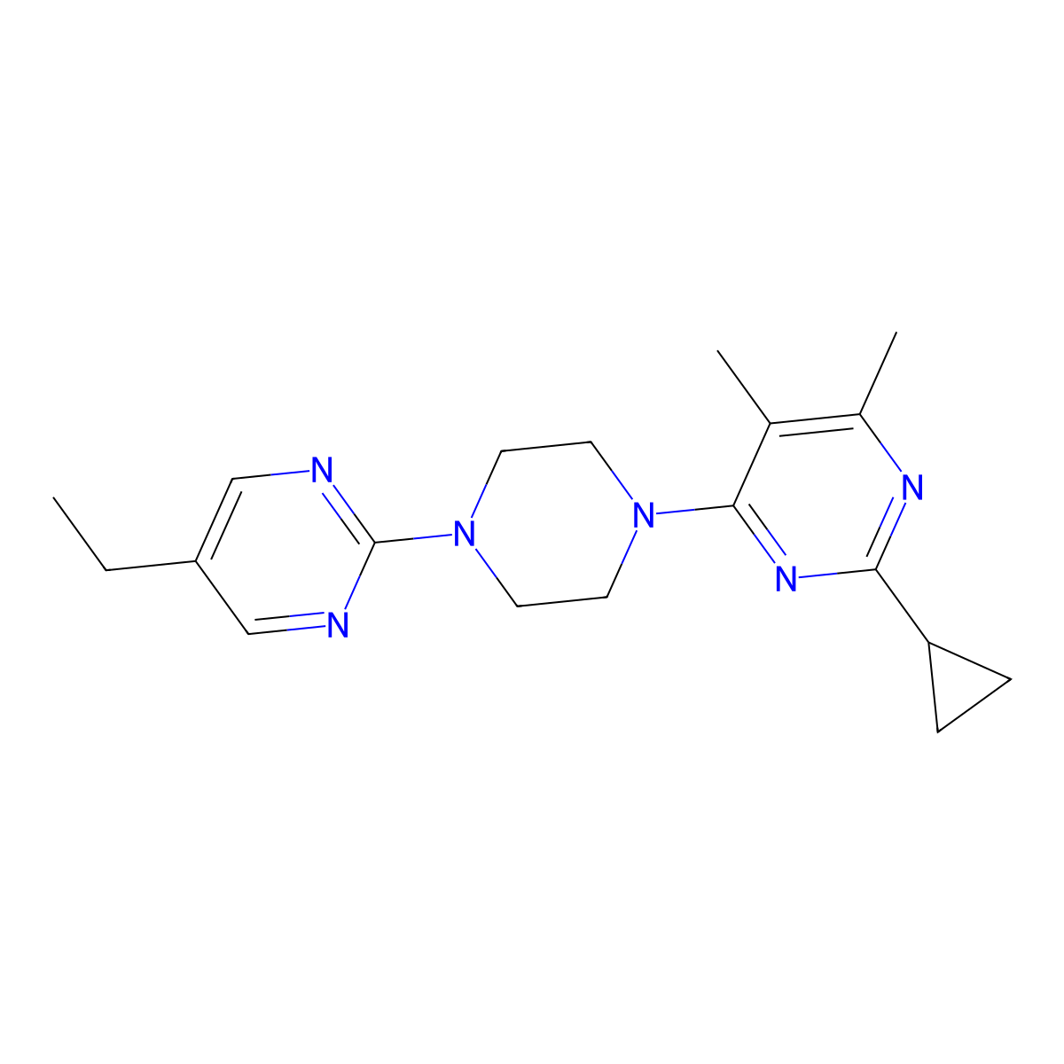 2-Cyclopropyl-4-[4-(5-ethylpyrimidin-2-yl)piperazin-1-yl]-5,6-dimethylpyrimidine molecular structure, CAS 2549021-94-3