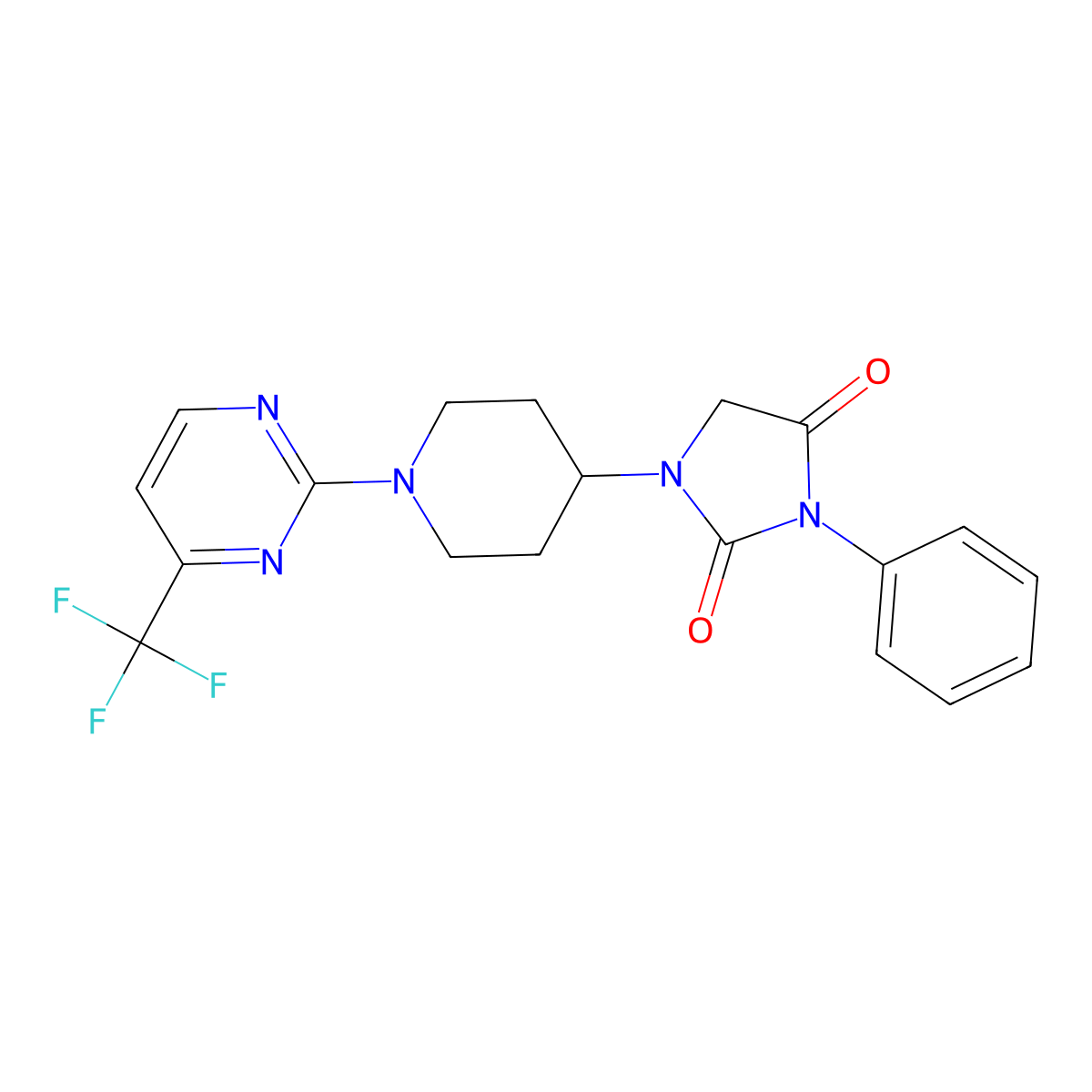 3-Phenyl-1-{1-[4-(trifluoromethyl)pyrimidin-2-yl]piperidin-4-yl}imidazolidine-2,4-dione molecular structure, CAS 2549021-95-4