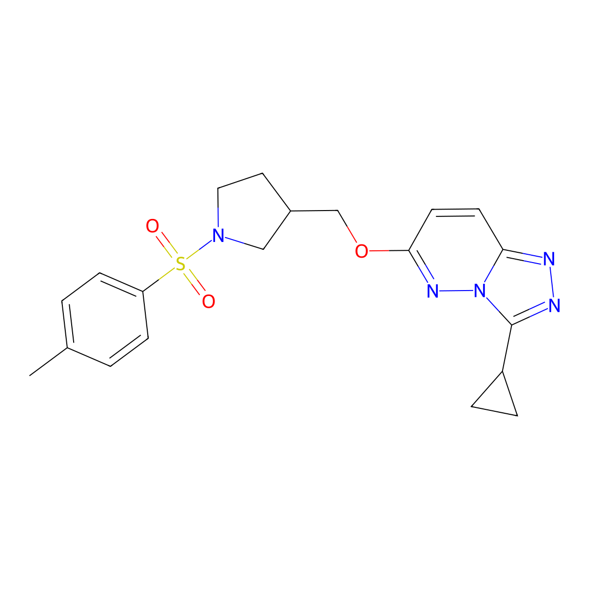 3-[({3-Cyclopropyl-[1,2,4]triazolo[4,3-b]pyridazin-6-yl}oxy)methyl]-1-(4-methylbenzenesulfonyl)pyrrolidine molecular structure, CAS 2549021-96-5