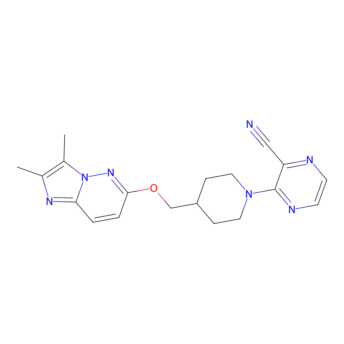 3-{4-[({2,3-Dimethylimidazo[1,2-b]pyridazin-6-yl}oxy)methyl]piperidin-1-yl}pyrazine-2-carbonitrile molecular structure, CAS 2549021-97-6