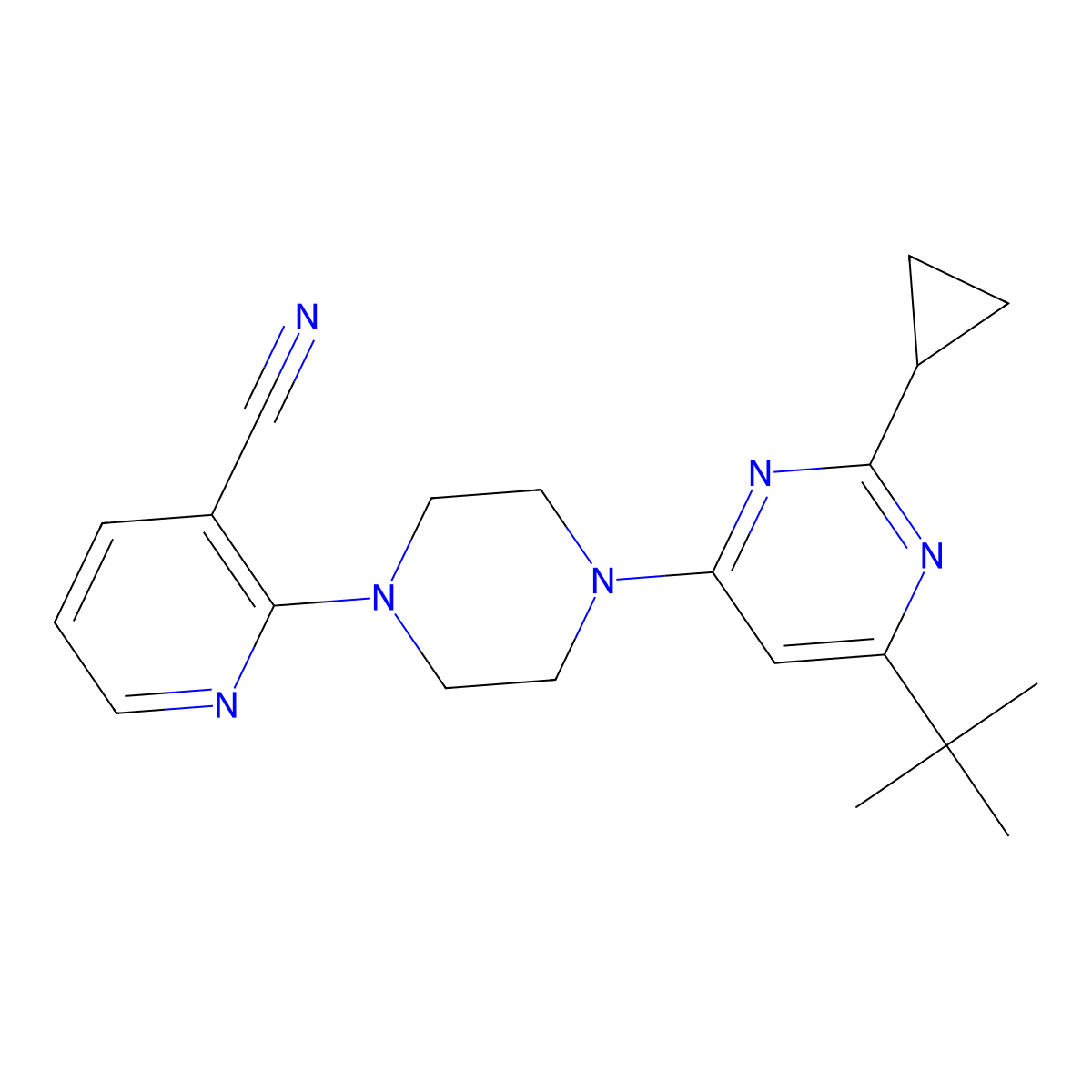 2-[4-(6-Tert-butyl-2-cyclopropylpyrimidin-4-yl)piperazin-1-yl]pyridine-3-carbonitrile molecular structure, CAS 2549022-14-0