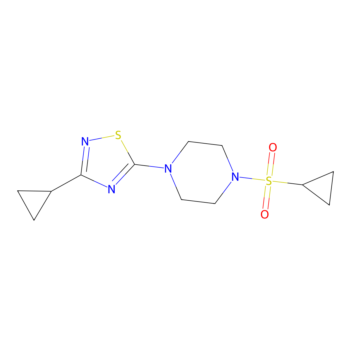 1-(Cyclopropanesulfonyl)-4-(3-cyclopropyl-1,2,4-thiadiazol-5-yl)piperazine molecular structure, CAS 2549022-16-2