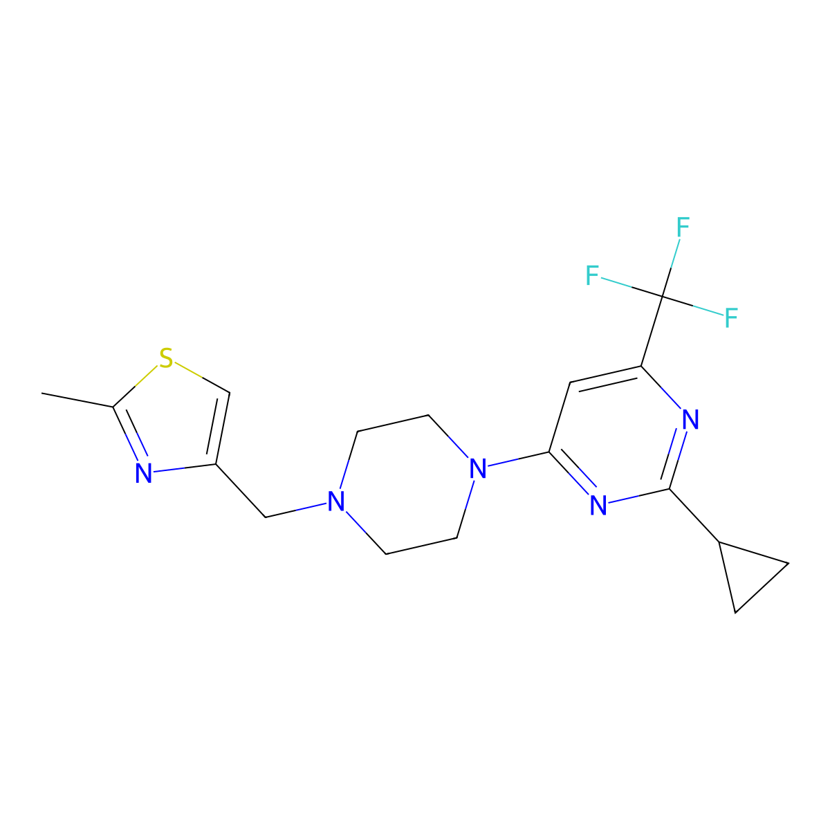 2-Cyclopropyl-4-{4-[(2-methyl-1,3-thiazol-4-yl)methyl]piperazin-1-yl}-6-(trifluoromethyl)pyrimidine molecular structure, CAS 2549022-17-3