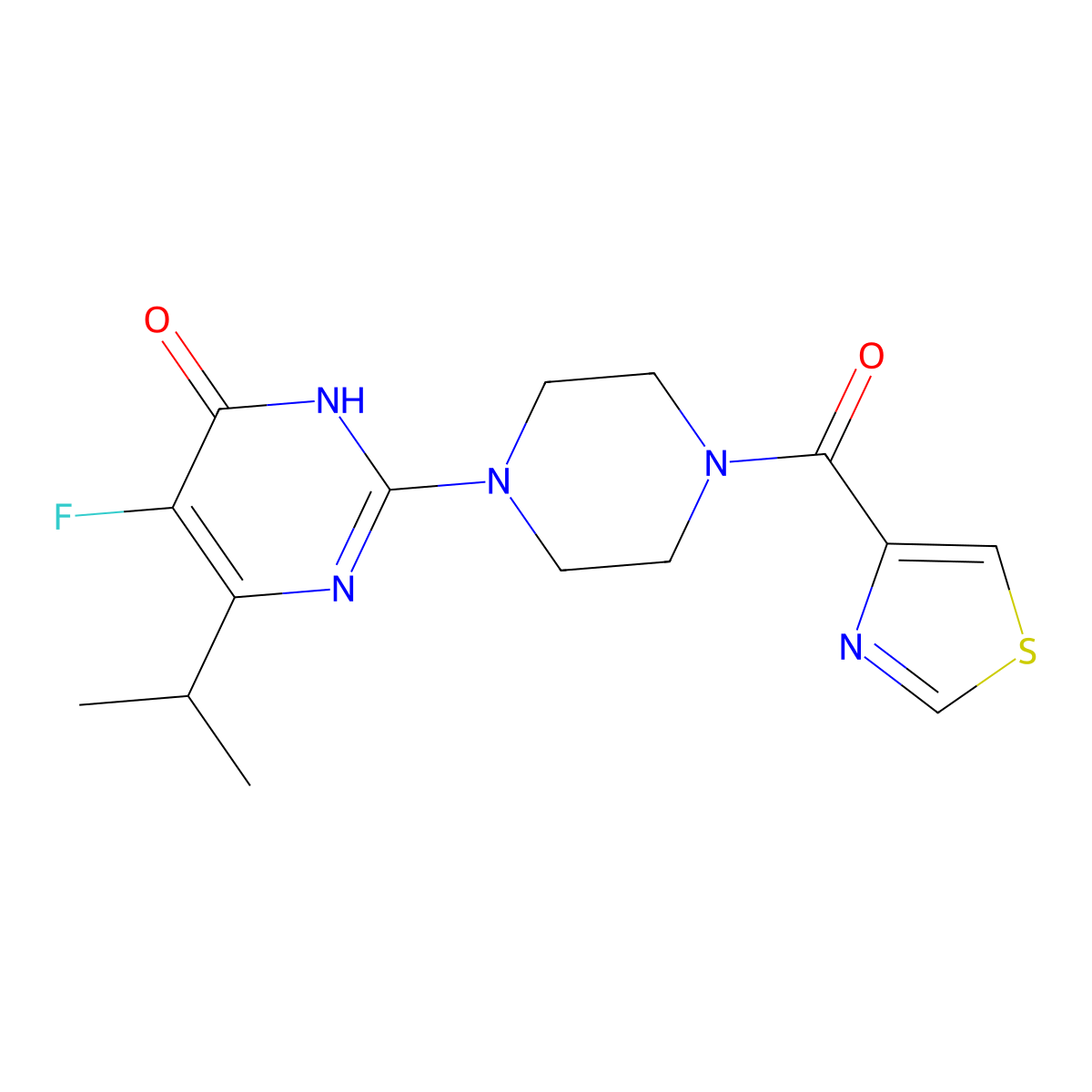5-Fluoro-6-(propan-2-yl)-2-[4-(1,3-thiazole-4-carbonyl)piperazin-1-yl]-3,4-dihydropyrimidin-4-one molecular structure, CAS 2549022-24-2