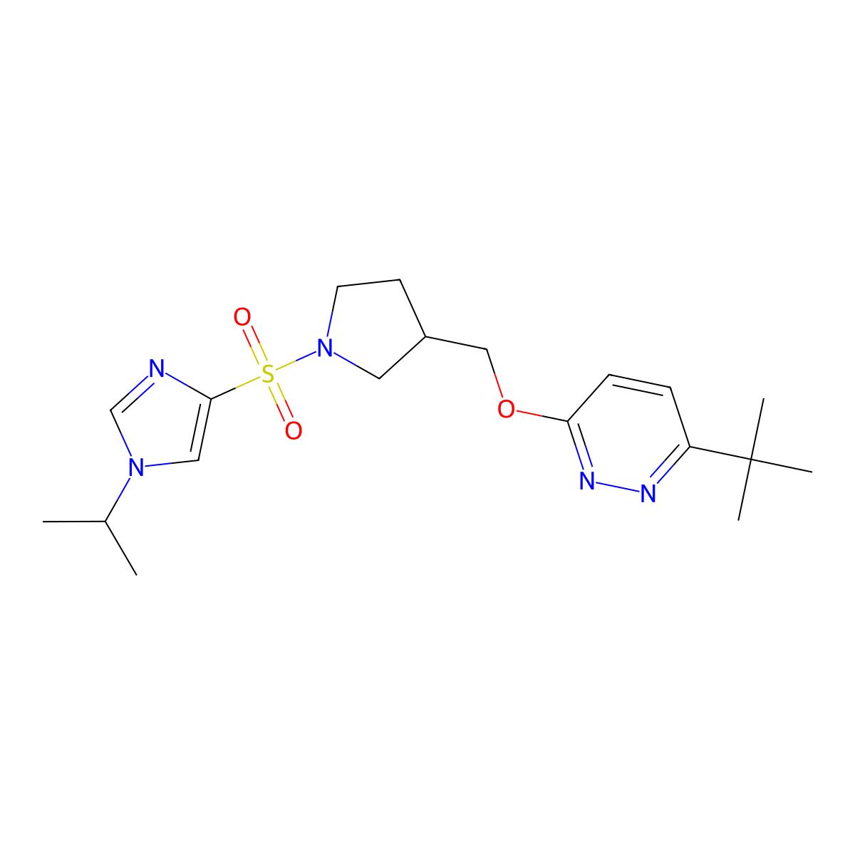 3-tert-butyl-6-[(1-{[1-(propan-2-yl)-1H-imidazol-4-yl]sulfonyl}pyrrolidin-3-yl)methoxy]pyridazine molecular structure, CAS 2549022-31-1