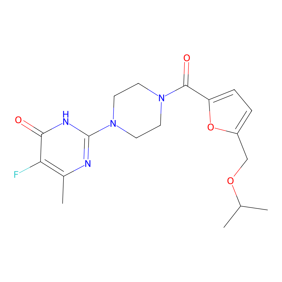 5-Fluoro-6-methyl-2-(4-{5-[(propan-2-yloxy)methyl]furan-2-carbonyl}piperazin-1-yl)-3,4-dihydropyrimidin-4-one molecular structure, CAS 2549022-33-3