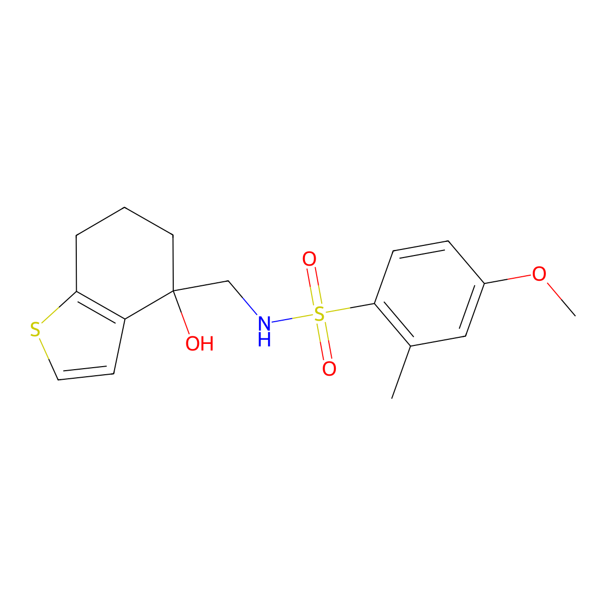 N-[(4-hydroxy-4,5,6,7-tetrahydro-1-benzothiophen-4-yl)methyl]-4-methoxy-2-methylbenzene-1-sulfonamide molecular structure, CAS 2549022-40-2