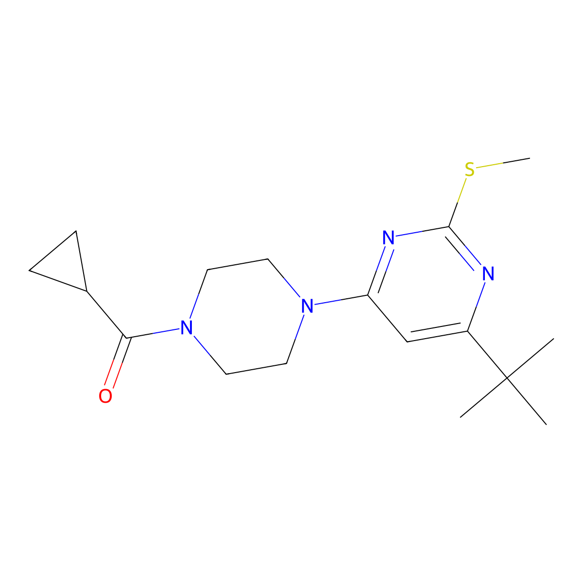 4-Tert-butyl-6-(4-cyclopropanecarbonylpiperazin-1-yl)-2-(methylsulfanyl)pyrimidine molecular structure, CAS 2549022-43-5