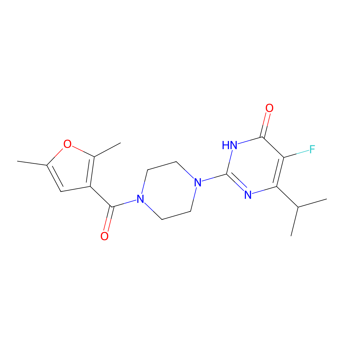 2-[4-(2,5-Dimethylfuran-3-carbonyl)piperazin-1-yl]-5-fluoro-6-(propan-2-yl)-3,4-dihydropyrimidin-4-one molecular structure, CAS 2549022-45-7