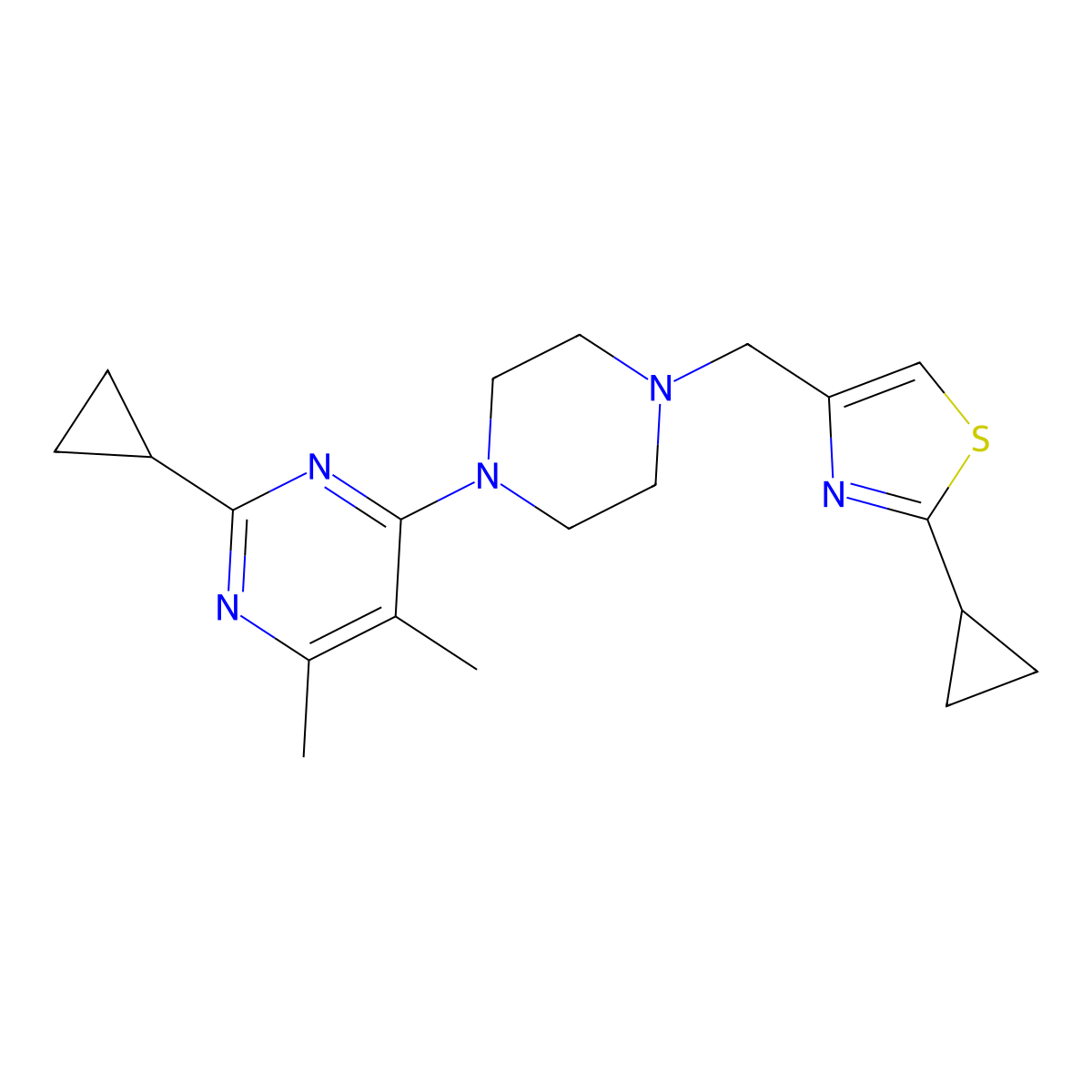 2-Cyclopropyl-4-{4-[(2-cyclopropyl-1,3-thiazol-4-yl)methyl]piperazin-1-yl}-5,6-dimethylpyrimidine molecular structure, CAS 2549022-51-5
