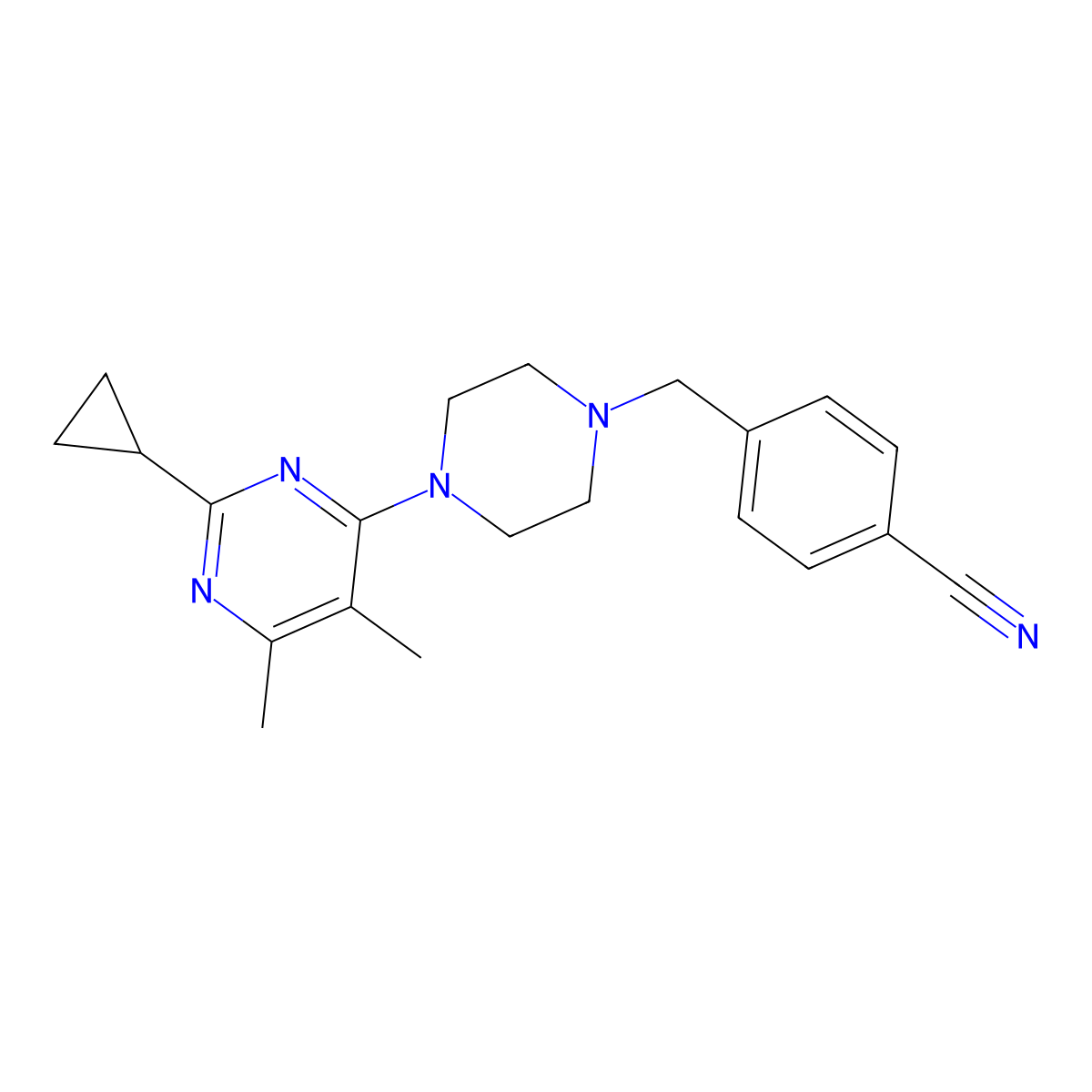 4-{[4-(2-Cyclopropyl-5,6-dimethylpyrimidin-4-yl)piperazin-1-yl]methyl}benzonitrile molecular structure, CAS 2549022-63-9