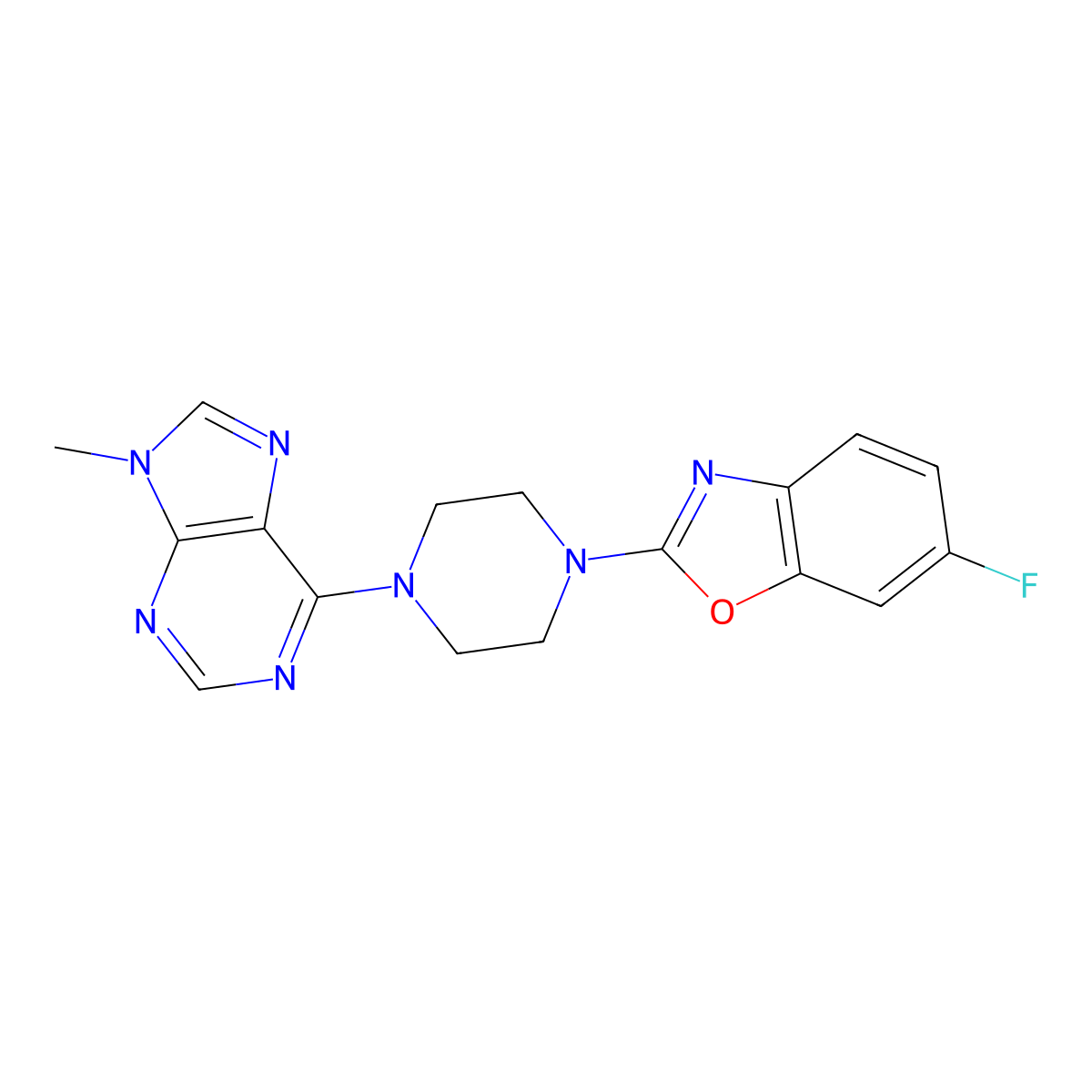 6-[4-(6-fluoro-1,3-benzoxazol-2-yl)piperazin-1-yl]-9-methyl-9H-purine molecular structure, CAS 2549022-65-1