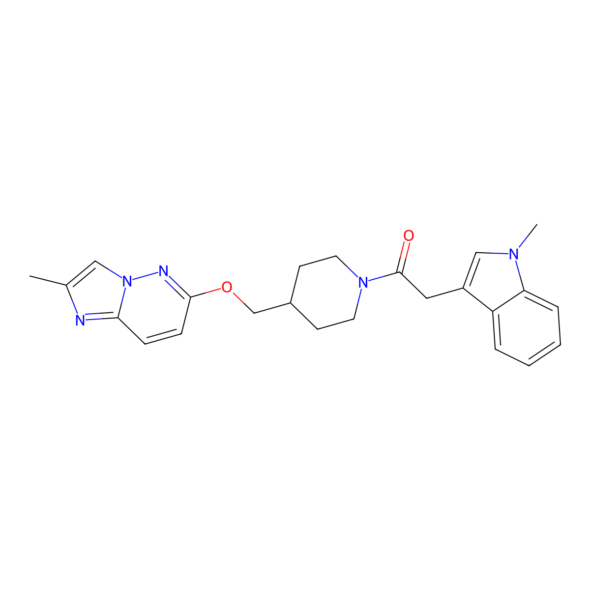 2-(1-methyl-1H-indol-3-yl)-1-{4-[({2-methylimidazo[1,2-b]pyridazin-6-yl}oxy)methyl]piperidin-1-yl}ethan-1-one molecular structure, CAS 2549022-70-8
