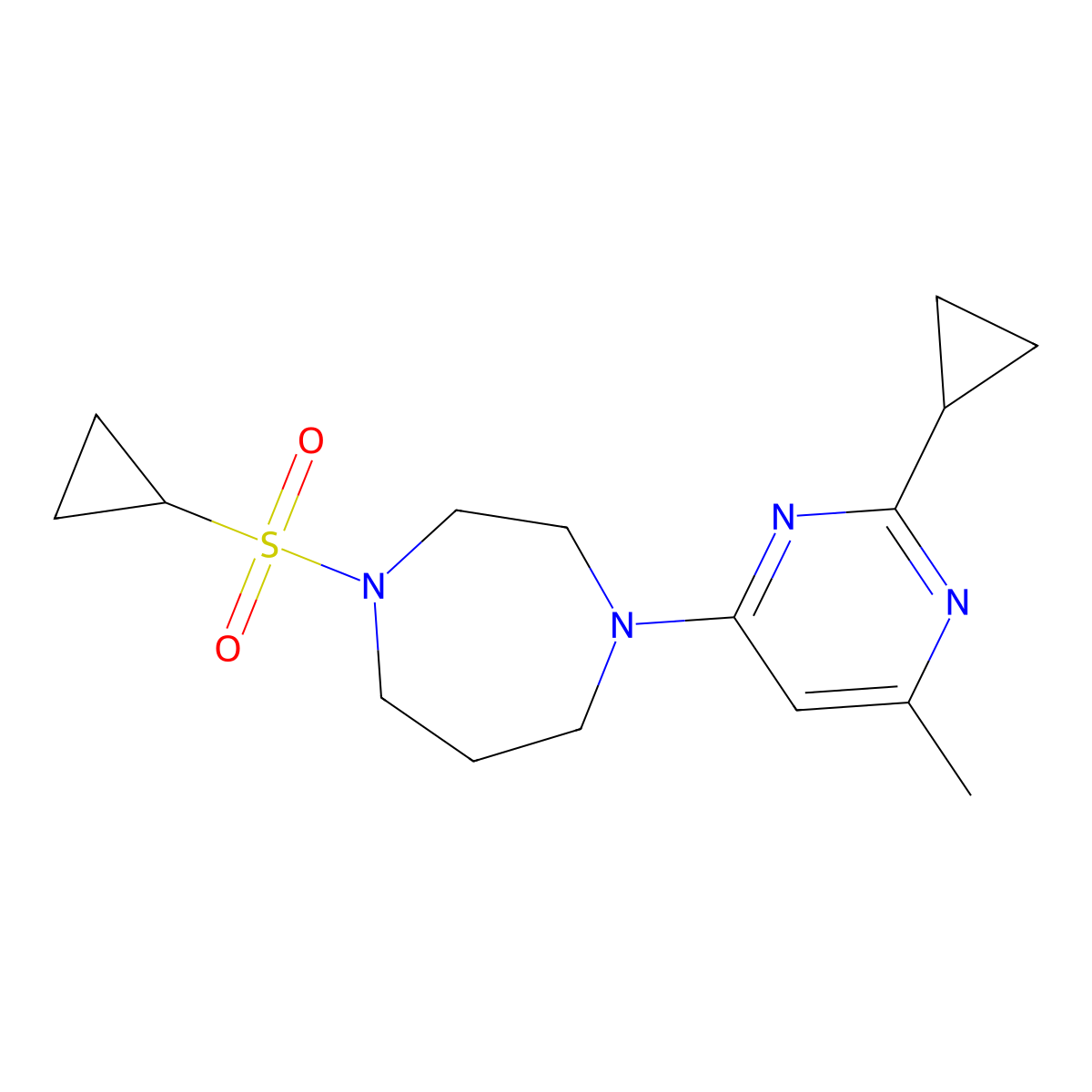 1-(Cyclopropanesulfonyl)-4-(2-cyclopropyl-6-methylpyrimidin-4-yl)-1,4-diazepane molecular structure, CAS 2549022-85-5