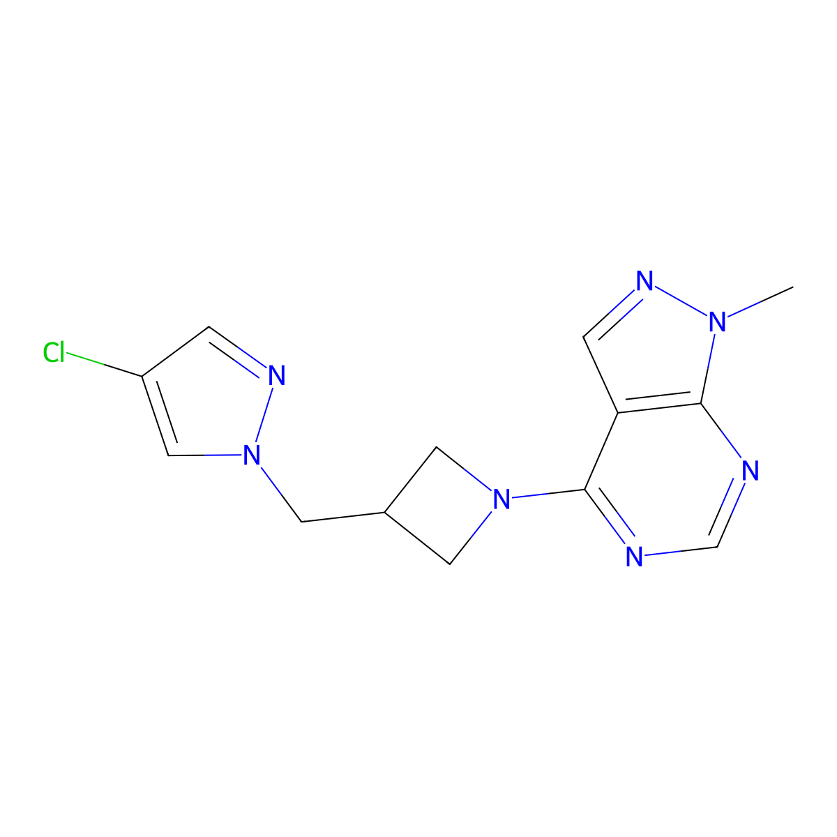 4-chloro-1-[(1-{1-methyl-1H-pyrazolo[3,4-d]pyrimidin-4-yl}azetidin-3-yl)methyl]-1H-pyrazole molecular structure, CAS 2549022-95-7